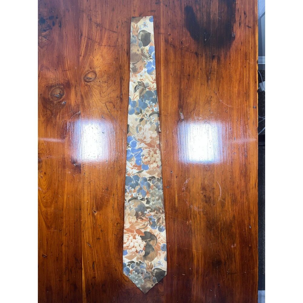Eric Rhodes Floral Fruit Print Necktie Blue Tan Green
